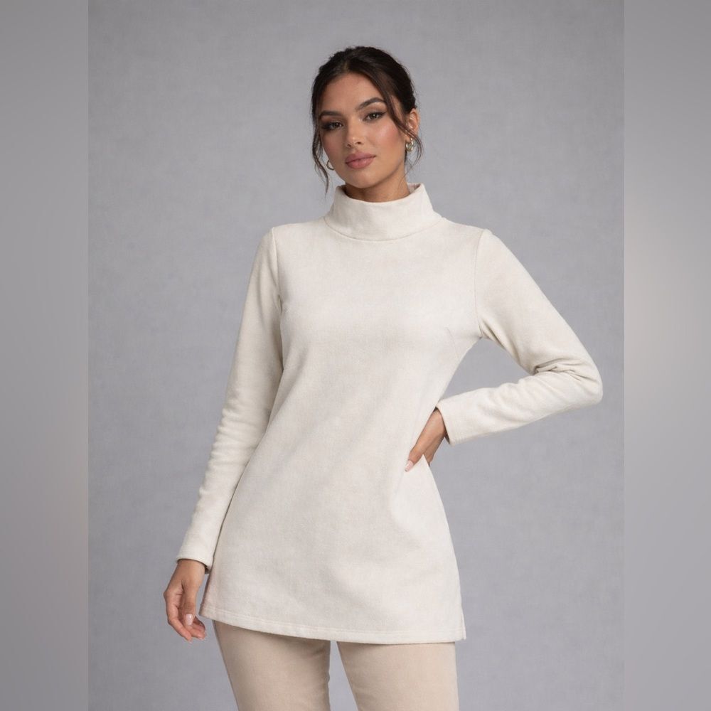Jude Connally Cream Ivory Faux Suede Cowl Neck Tunic Sz S Top Pockets USA NWOT